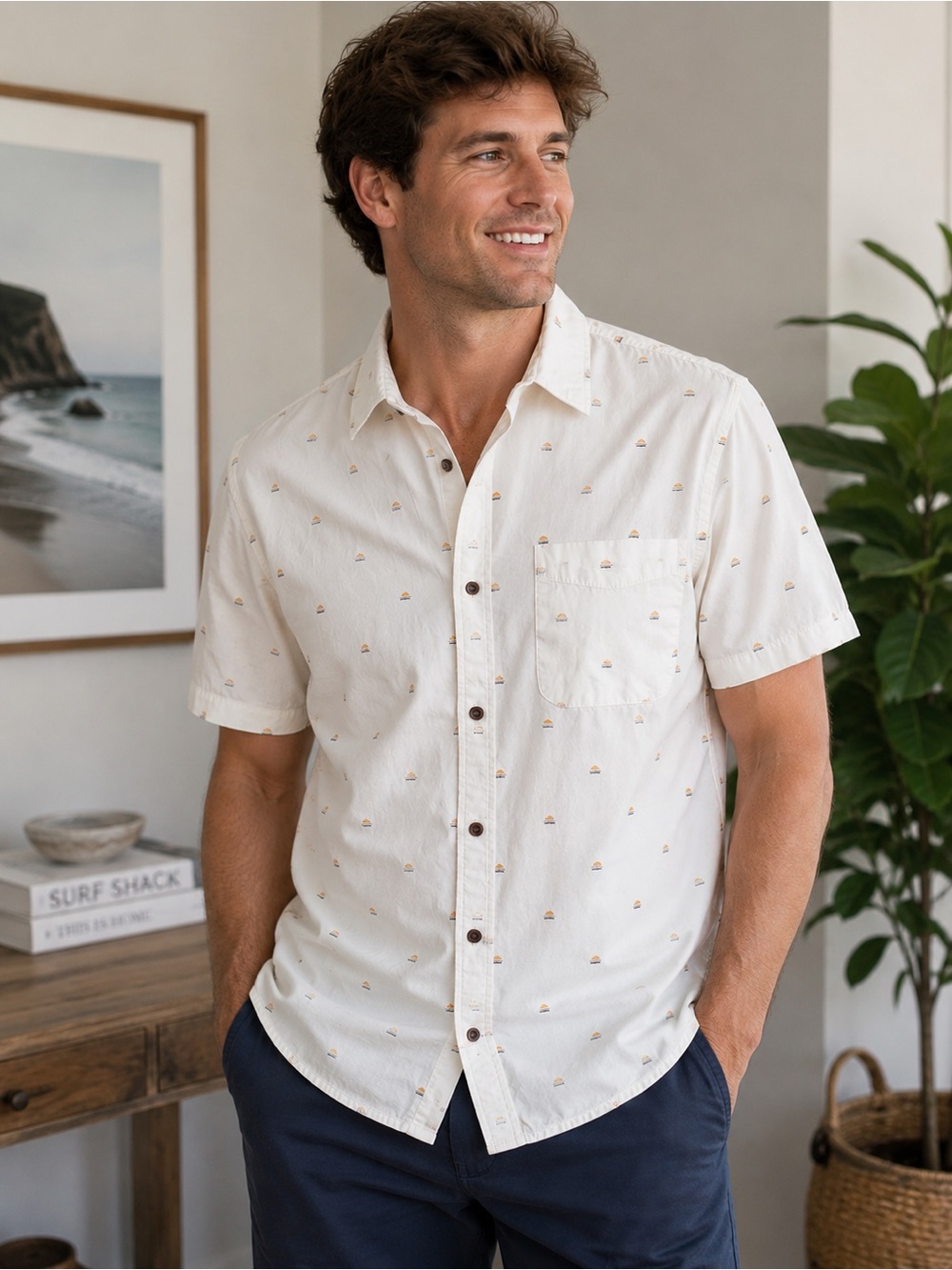 Katin Button Front Short Sleeve Shirt Medium Surf Beach Print